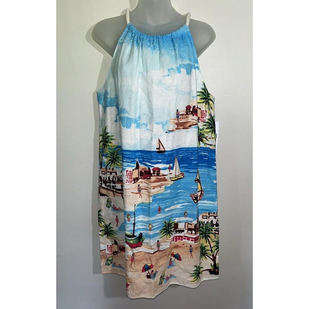London Times Avelle Linen Blend Halter Dress Scenic Beach Print Sz 14